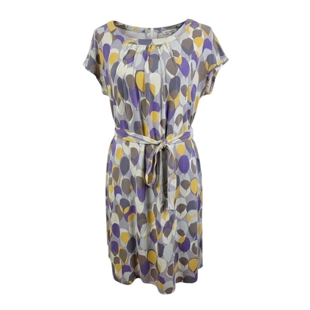 Boden Shift Dress Womens 10P Purple Yellow Leaf Print Belted Short Sleeve Retro